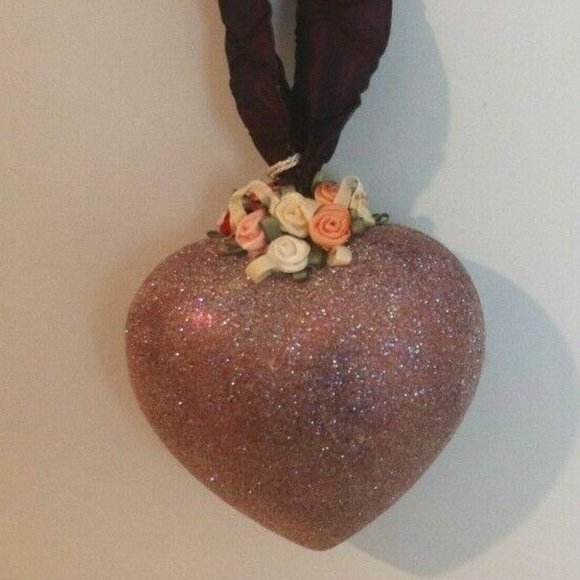 VINTAGE WT JOHN TOOLE PINK GLITTER/RIBBON HEART Ornament 4" VALENTINE - Picture 2 of 3